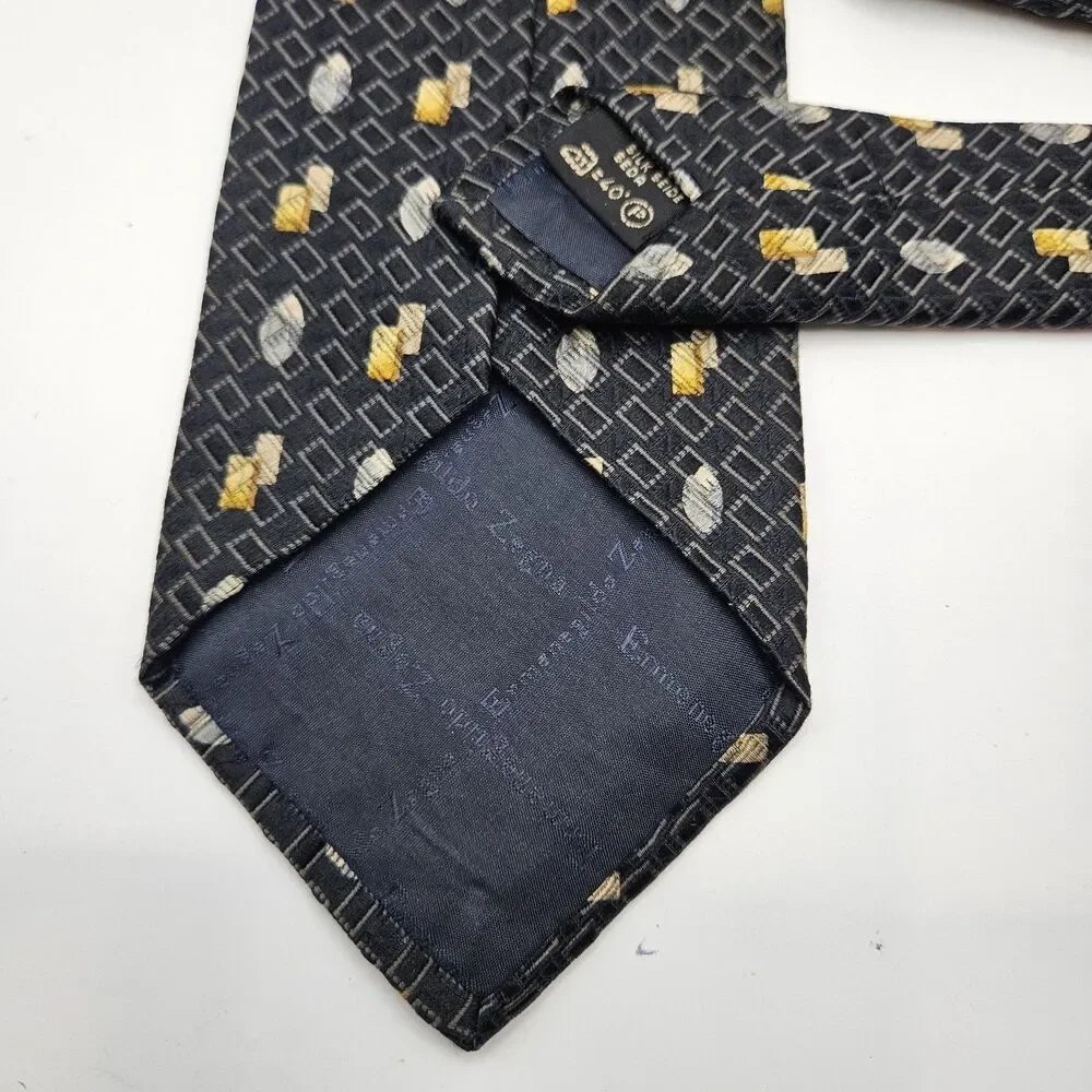 Ermenegildo Zegna Black Gold Rectangle Oval Geometric Tie Career Wedding 59.5x4